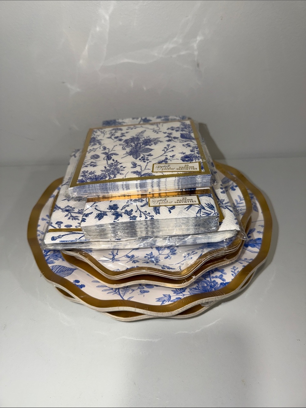 Sophistiplate Timeless Floral White Gold Toile Blue Dinner Dessert Plates Set